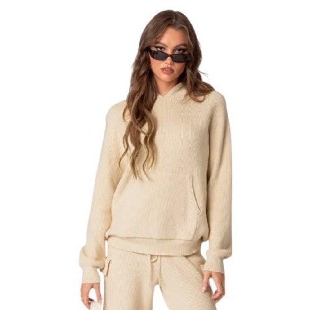 Edikted | Cream Ribbed Knit Hoodie Sweater Kangaroo Pocket Beige | Size Medium